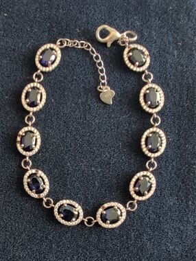 Blue Sapphire Tennis Bracelet Sterling Silver With *Diamond Chip Accents